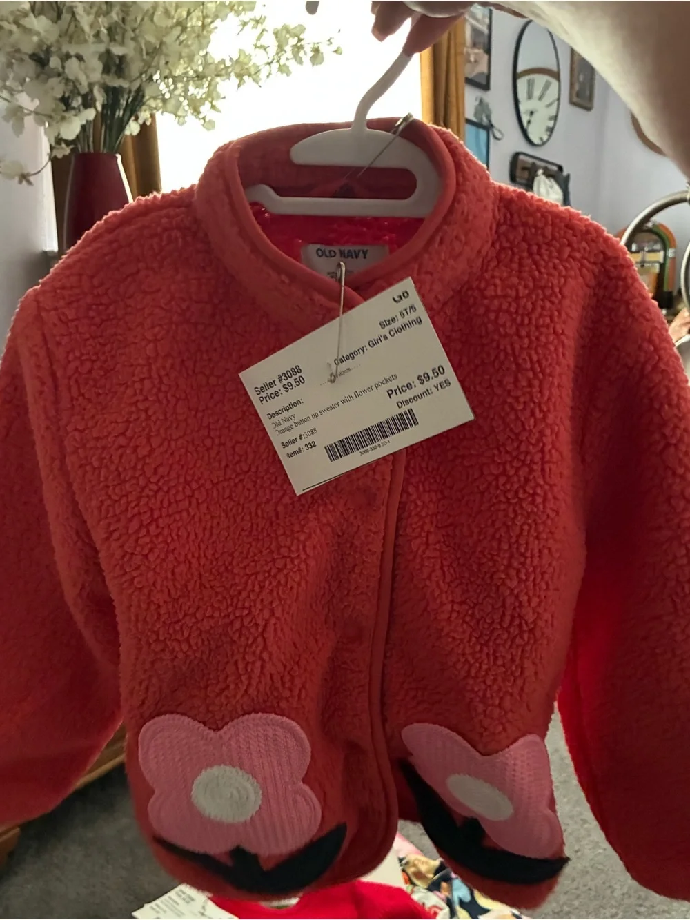 Old Navy Coral Sherpa Jacket with Pink Flower Pockets